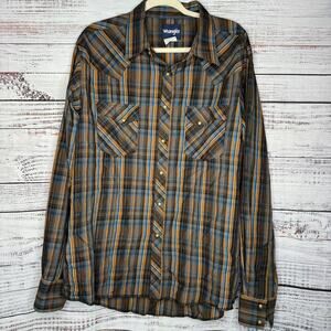 Wrangler Brown & Blue Plaid Long Sleeve Pear Snap Button Down XL